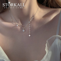 s925 silver flash diamond six star necklace simple temperament design sense niche ins cold wind choker female summer tide