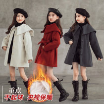 Girl child coat red 2021 new long tweed coat foreign style cotton woolen winter coat