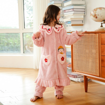 Girls coral velvet pajamas long childrens flannel padded plus velvet home clothing set girls autumn and winter