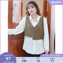 (Qingkura RMB120 ) Large code Female dress Spring clothing Fat Mm Design Sensation Small Crowd Asymmetry Splicing Fake two shirts