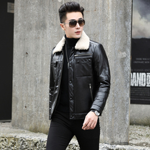 Mens leather jacket down jacket jacket jacket short leather top layer cowhide Lamb hair lapel in winter thickened warm