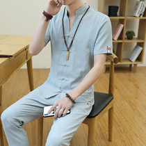 2020 Summer new cotton linen suit men Chinese style trend casual two-piece short sleeve ankle-length pants set of clothes