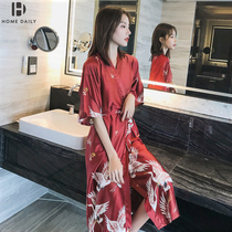 Sexy Sleeping Dress Woman Summer Ice Silk Thin red wedding bride morning gown with long harness bathrobe true silk pajamas