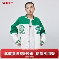 (WUT sugar-free brand) original American campus towel embroidered dog head baseball uniform white green leather sleeve jacket jacket