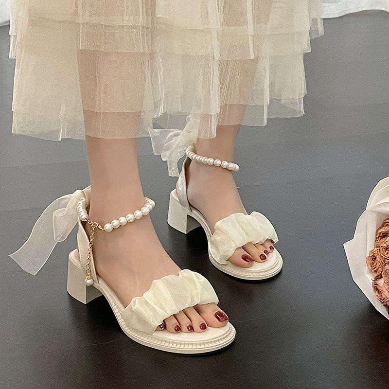 Roman Sandals Women's Summer 2023 New in heel Heel Fairy Wind Pearl with gentle ladies' shoes-Taobao