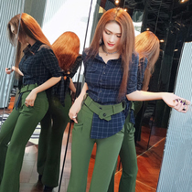 VJE summer new Korean style commuter style slim fit all match plaid shirt top casual shirt women