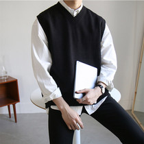 Autumn Winter Port Wind Men Sleeveless Sweater Male Vest Loose Pure Color V Lead Knit Cardiovert Korean version waistcoat Jersey Tide