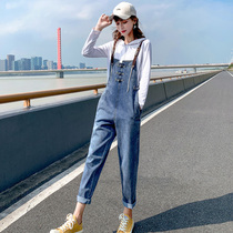 Denim Back Belt Pants Woman 2022 Spring new loose 90% Pants One-piece Pants Casual Hanging Strap Pants High Waist Dress Pants