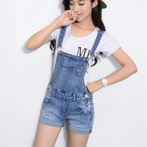Summer denim strap shorts womens casual size slim slim Student high waist curl suspenders conjoined pants