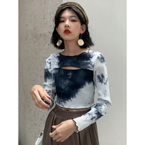 BAYUE August short tight long-sleeved T-shirt womens design niche BM wind tie-dye base shirt Western style top