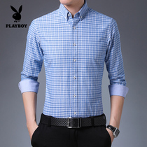 Playboy new plaid shirt men long sleeve spring and autumn Korean trend slim business casual mens shirt