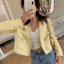 Alice W Flower home V collar long sleeve hand woven short coat 2021 new female sense tweed top