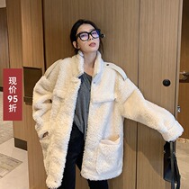 SUN11 stand collar waist Lamb hair coat women 2021 autumn and winter New long loose Joker warm coat