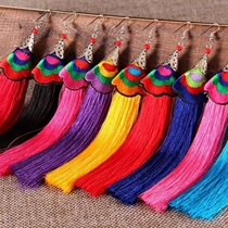 Ethnic vintage red bride long tassel earrings ear hook female Latin dance ear stud accessories