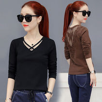 Long sleeve cotton T-shirt female spring dress Korean version big code v collar short sleeve blouse female summer student loose dew back lace undershirt