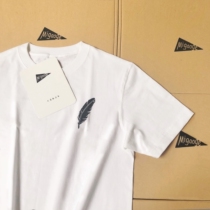 (Original first) men and women with the same heavy 270g pure white thick feather printed long-staple cotton short sleeve t-shirt