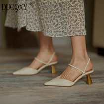 Pointed Baotou Sandal Sandals Women Genuine Leather Heel 33 Small Code Coarse Heel Sandals White style Retro High heel Air Single Shoe