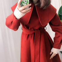 Five-color Korean version of the doll collar double-sided cashmere coat womens long 2019 autumn and winter new lace-up wool coat