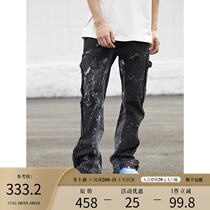 BONELESS 20SS splicing deconstruction wash water splashing ink denim trousers layer loose retro flared pants tide
