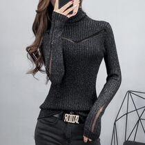 Lace splicing needle cardiovert lady hollowed-out sexy foreign air blouse autumn winter tight fit with high collar bottom sweater woman