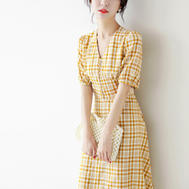 JOLIMENT Yellow plaid dress dress Women 2021 Summer new small Qing New fashion Aging Slim long dress