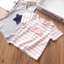 Girls  T-shirt Summer baby striped round neck T-shirt summer new childrens Korean cotton top Korean version