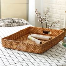 KENS Rattan Desktop Storage Tray Rectangular With Handle Rattan Tea Tray Tray Fruit Plate Storage Box