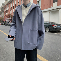Autumn Ruffian hooded woolen coat mens ins Hong Kong style loose Joker windbreaker trend woolen coat