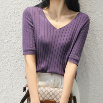 Pit knitted shirt short sleeve t shirt 2022 new V - collar loose slim blouse in spring and summer thin shirt