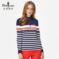 Bøin Löfven Spring Summer Womens Stand-up Collar Contrast Stripe Lifestyle Casual Long Sleeve T-Shirt Top