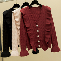 Net red knitted cardigan womens sweater jacket foreign-style Joker ruffles small fragrant breeze spring and autumn Ice Silk small outside shawl