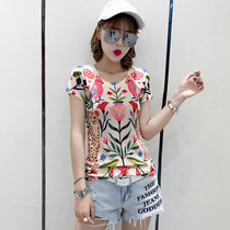Hong Kong Chao Brand 2021 Summer New Korean Slim T-shirt Women's Printed Crewneck Short Sleeve Foreign Style Skinny Top