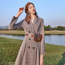 Three colors 2021 spring new suit collar double-breasted slim-fit plaid suit skirt long-sleeved dress female