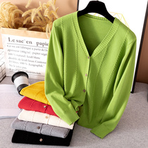 Knitted cardigan womens sweater coat foreign-made thin short long sleeves Spring and Autumn avocado green with small shawl