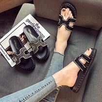 European station 2021 spring new cool towed womens word slippers wearing Net Red fashion Joker thick-bottom non-slip sandals