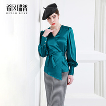 Hisan Rip high-end heavy satin silk shirt female temperament V collar waist shirt fashion European long sleeve summer