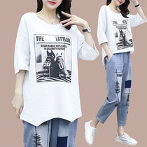 2022 Summer New Loose Fashion Casual Suit Women Pure Cotton Short Sleeve Printed T-shirt Denim Trousers Two Sets