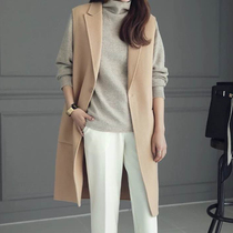 Korean version of autumn and winter New woolen vest womens vest long cashmere suit collar horse clip woolen sleeve jacket Joker