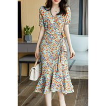 French floral dress womens summer new waist thin v-neck ruffle sexy temperament irregular fishtail skirt