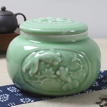 More than 1 kg of special large number tea leaves jar Ceramic Tank Seal Tank year-year with green porcelain storage tank embossed fish pendulum piece