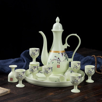 Lowell ceramic flower and bird wine set Household Chinese antique wine dispenser High foot wine jug White wine cup small