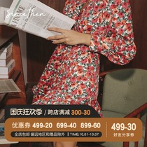 since then full of flowers retro floral V collar bubble sleeve waist dress sweet little man