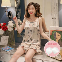 Pajamas womens summer thin sling two-piece suit Korean version of fresh student sexy ice ribbon chest pad home service