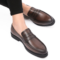 Summer business leather shoes mens pedal loafers breathable Bullock carved formal height-increasing mens leather shoes