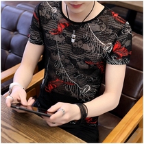 Tide Sign Ice Silk Short Sleeve Men Sashimi Hot clothes Summer slim fit handsome and half sleeve round neck T-shirt cs