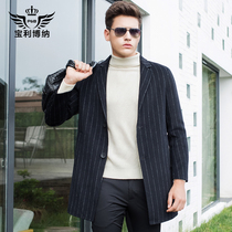 Baoli Bona mens winter striped wool double-sided wool coat mens mid-length anti-season black wool coat men