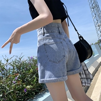 Ultra-high-waist shorts women Summer 2021 new light color A word hot pants outwear inins Chains slim and big code denim shorts