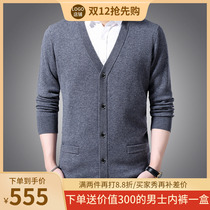 NGR2021 new sweater mens autumn cardigan long sleeve middle-aged V-neck wear casual solid color wool sweater