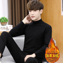 Winter velvet thickened sweater mens semi-high collar solid color warm base sweater middle collar trend inner line clothing