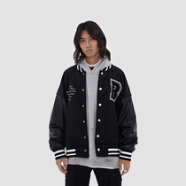 BONELESS patch embroidery wool stitching leather sleeve jacket trend short loose baseball suit men